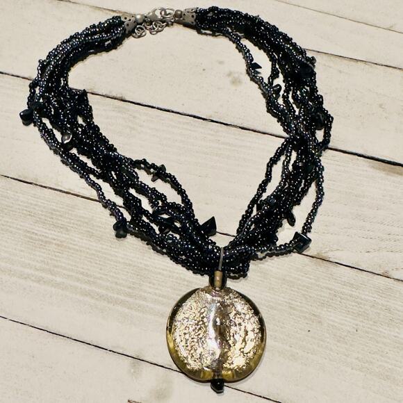 Vintage Black Multi-Strand Seed Bead Necklace with Crackle Glass Disc Pendant - Picture 1 of 6